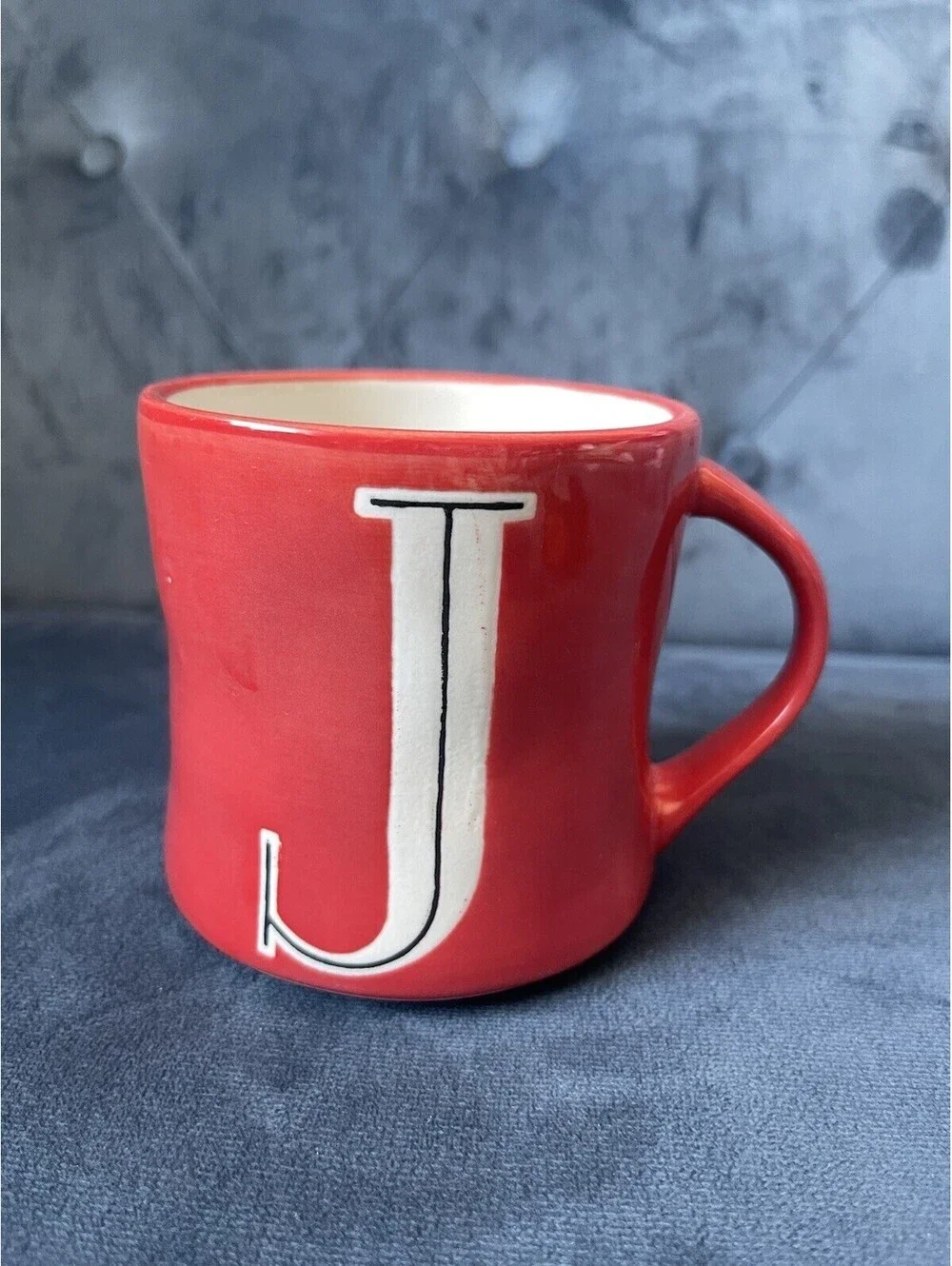 EUC Anthropologie Hand Painted Mug J Monogram Red White Black Letter Handle